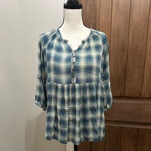 Anthropologie Maeve - Cavalon Blue Plaid Popover EUC